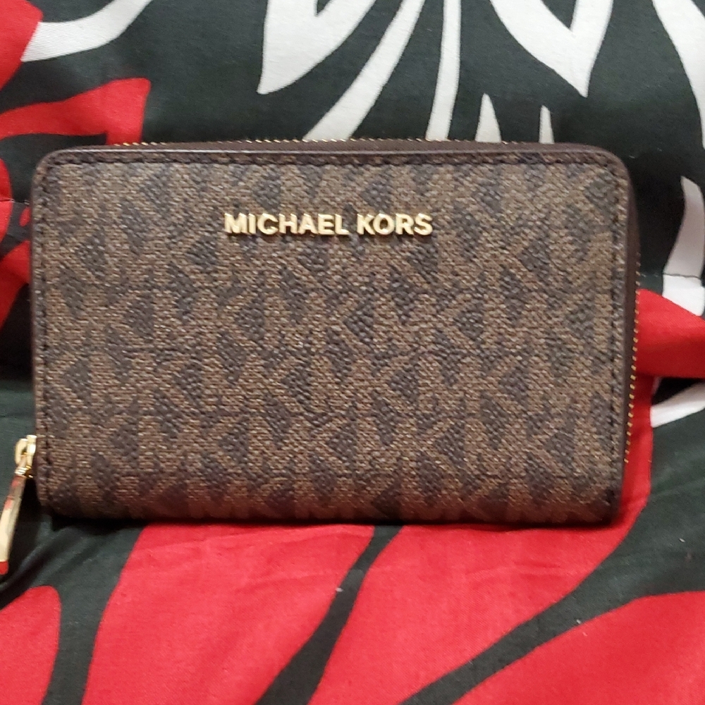 Michael Kors Signature Brown and Gold Card Case Wallet